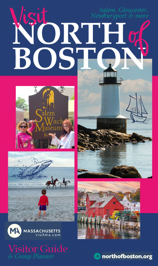 The cover of the Visit North of Boston Digital Guide - a collage of scenes from the region: a sign for the Salem Witch Museum, A lighthouse, A boy watching a whale breaching, and the Motif Number 1 fishing shack in Rockport.