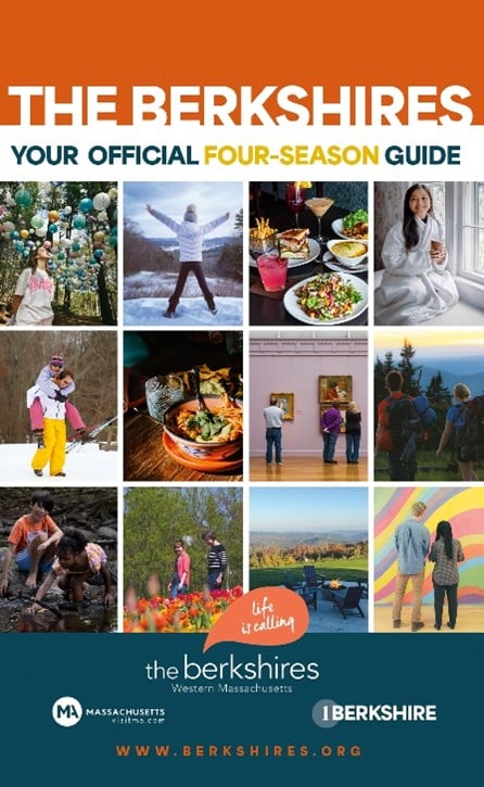 Collage of seasonal activities in the Berkshires—hiking, skiing, dining, art, and nature scenes. Text reads: The Berkshires, Your Official Guide to Four-Season Adventure. Logos and website appear at the bottom.