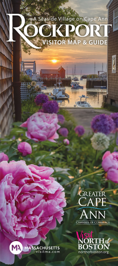 Cover of a Rockport Visitor Map & Guide featuring vibrant pink peonies in the foreground, with a picturesque harbor, docked boats, and a sunset sky in the background. Text includes tourism and chamber logos.