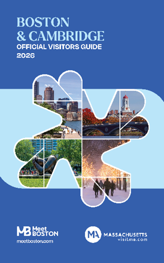 Cover of the 2026 Boston & Cambridge Official Visitor's Guide, featuring a cityscape and seasonal photos in floral shapes.