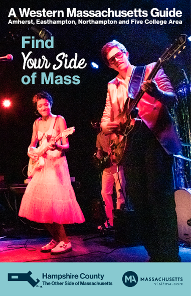 Two musicians perform on stage under colorful lights, promoting Western Massachusetts tourism for the official visitor's guide.