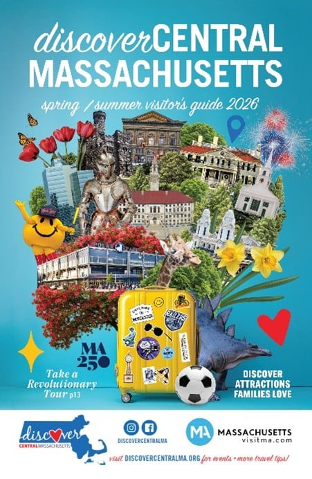 Colorful collage of Central Massachusetts landmarks, flowers, and attractions with travel icons, a suitcase, and touches of nearby Boston for a vibrant Visitor's Guide.