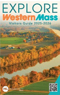 Aerial view of a river with fall foliage; text reads “Explore Western Mass Official Visitor's Guide 2025-2026.”.