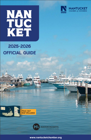 Cover of the Nantucket 2025-2026 Official Visitor's Guide, featuring a marina with boats under a blue sky.