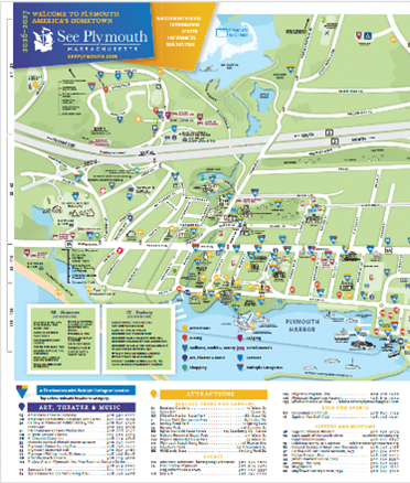 Colorful illustrated map of Plymouth, MA, designed as a Visitor's Guide, showing landmarks, attractions, streets, and Plymouth Harbor.