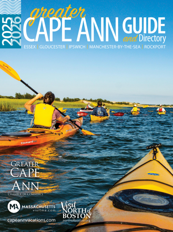 The cover for the Greater Cape Ann guide and directory for 2025-2026. Kayakers travel across crisp blue water.