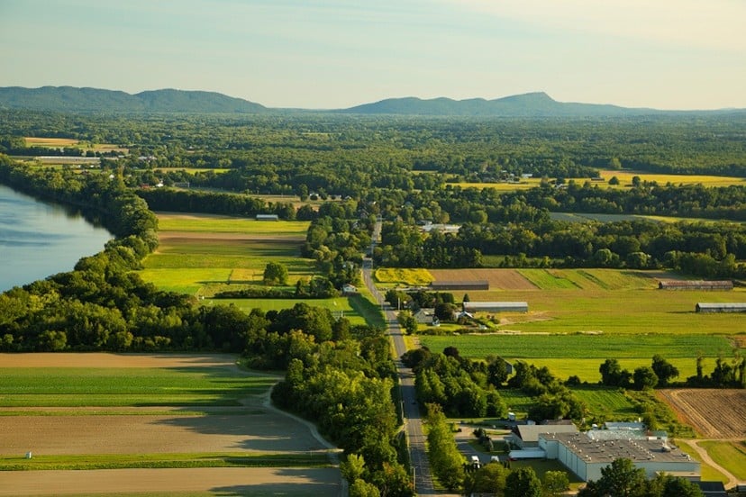 The view of green fields trees, and small towns from atop Mount Sugarloaf, Deerfield.