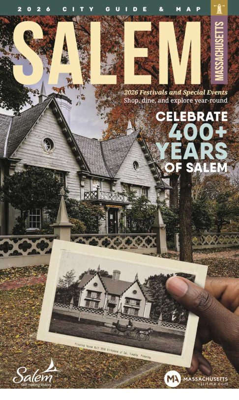 The cover to Salem's City guide, reading "Celebrate 400+ years of Salem." A person holds an old photograph of a house from the 1600s up to the same house still standing today.