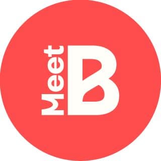 White text reading Meet B with Meet written vertically beside a large B, all inside a solid red circle—perfect for Massachusetts tourism and travel promotions.