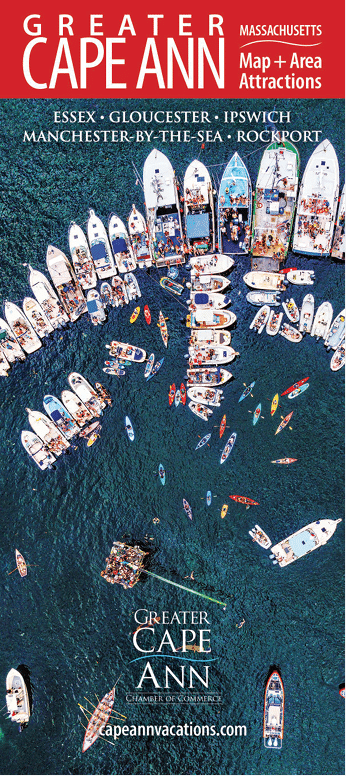 The cover of the Cape Ann Guidebook - a variety of boats in the water shot from above.