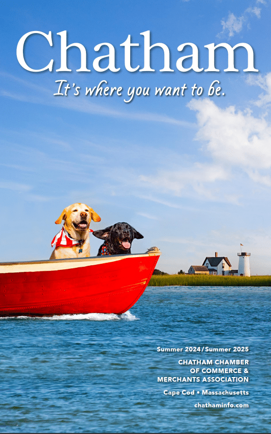 Two happy dogs wearing scarves ride in a red boat on the water, with a lighthouse and house in the background under a blue sky. Text promotes Chatham, Cape Cod, as a summer destination.