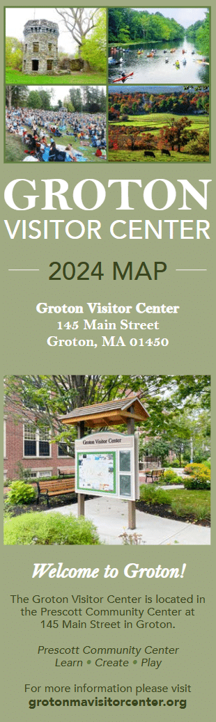 Vertical flyer for Groton Visitor Center’s 2024 map. Features tower, canoeing, and the visitor center building. Includes address, welcome message, and grotonvisitorcenter.org for more info on the official Groton map.