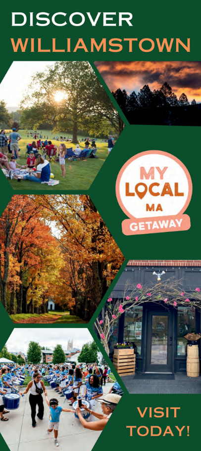 A collage of Williamstown scenes: people picnicking, autumn trees, a sunset, a white building, a local storefront, lively outdoor drumming, and a My Local MA Getaway badge. Text reads: Discover Williamstown. Visit today!.