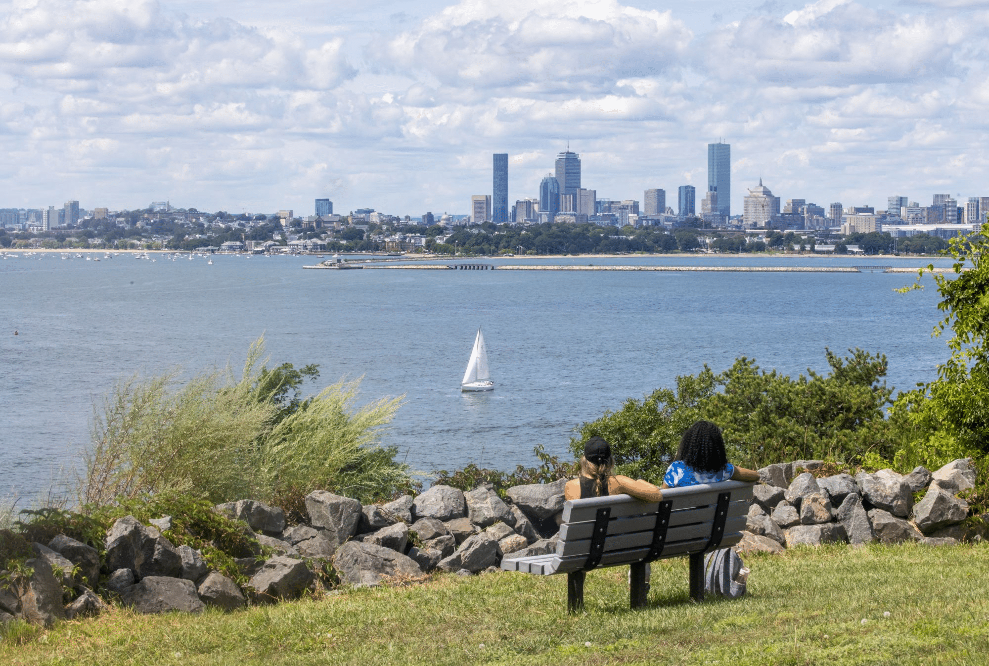 The view of Boston's iconic skyline from Spectacle Island in the Boston Harbor Islands.