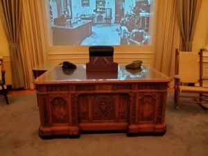 A replica of the White House Resolute Desk used by John F. Kennedy in Boston's John F. Kennedy Library and Museum.