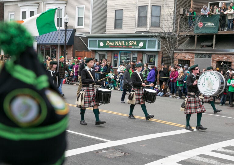 Drummers march in the St. Patrick's Day Parade.