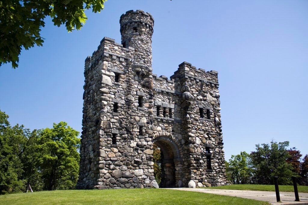 The stone Bankroft Tower in Worcester.