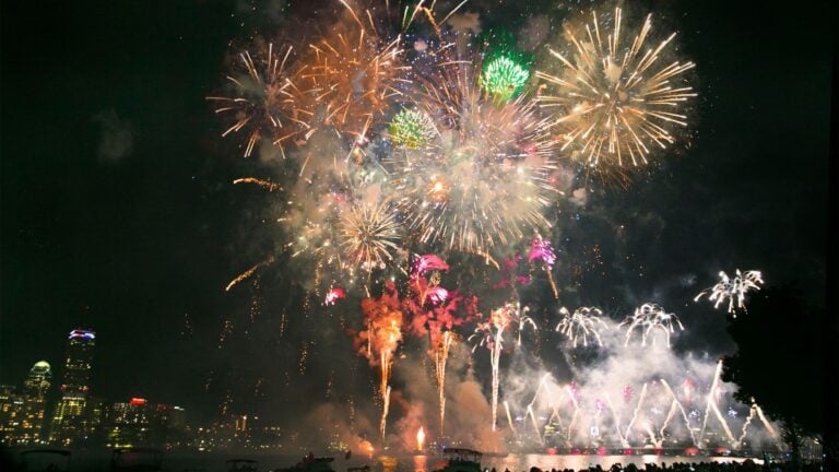 Fireworks above a body of water.