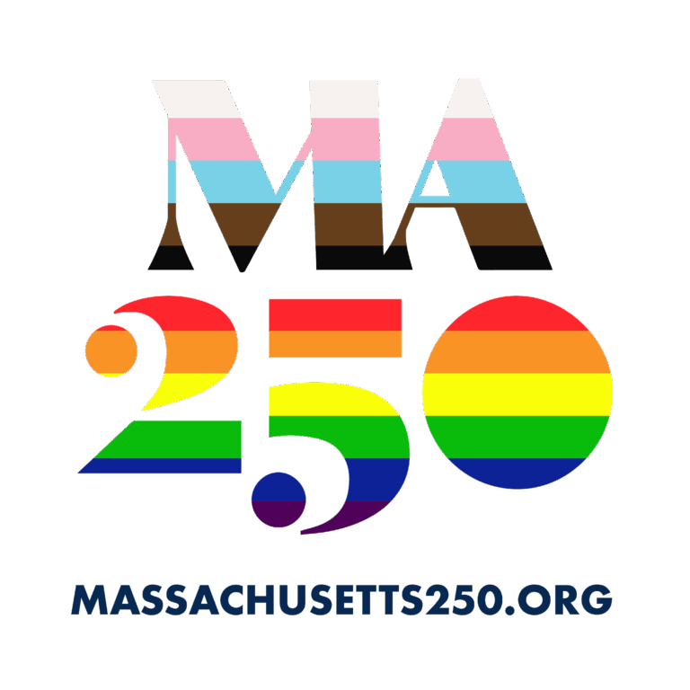 The text MA 250 is filled with LGBTQ+ and transgender pride flag colors. Below, MASSACHUSETTS250.ORG appears in dark blue. The design is on a light gray background.