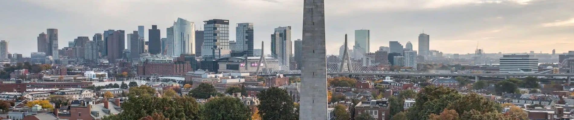 A tall obelisk stands in the foreground surrounded by trees and scenic trails, with a cityscape of modern and historic buildings in the background under a cloudy sky—perfect for memorable trips.