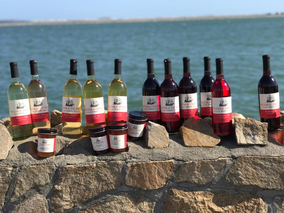 Wine bottles lined up on a stone wall overlooking the ocean at Plymouth Bay Winery.
