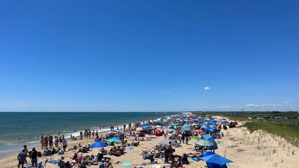 Beachgoers gather on the sand overlooking the ocean.
