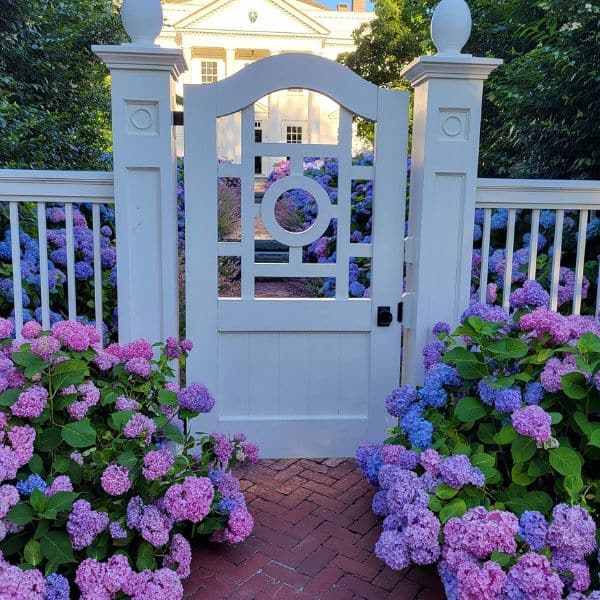 A white picket gate surrounded by blooming clusters of pink and purple hydrangeas leads to a brick path and a white house—an inviting scene perfect for travel planning inspiration, framed by lush green trees.