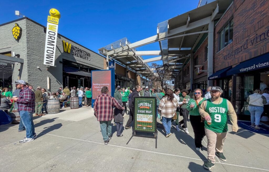 Shoppers gather at Patriot Place in Foxboro, Massachusetts.