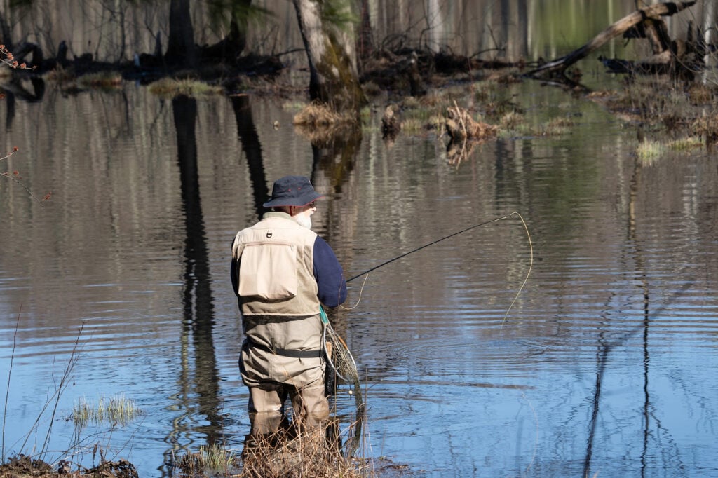 A person goes fly fishing.