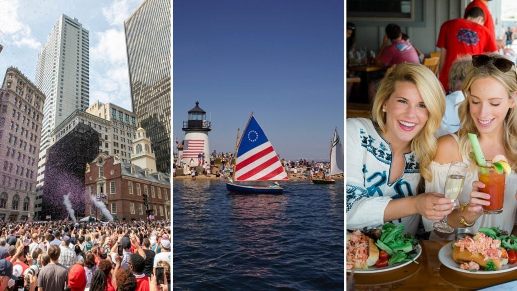A collage of photographs in Massachusetts: A celebration at the Old State House in Boston; Ships sail into an island beach; and and two women share drinks and lobster rolls at a restaurant.