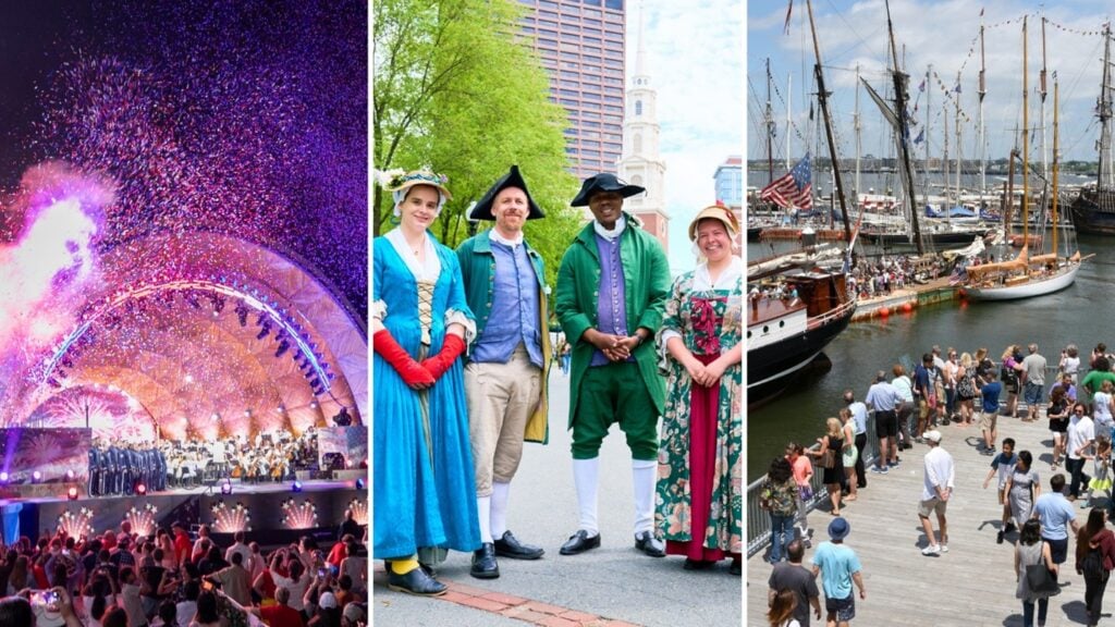 A collage of 3 photos in Boston, Massachusetts: Confetti at night at the Hatch Shell performance venue; a group of tour guides dressed in revolutionary-era costumes; and a group crowds on a dock to watch incoming sailboats.