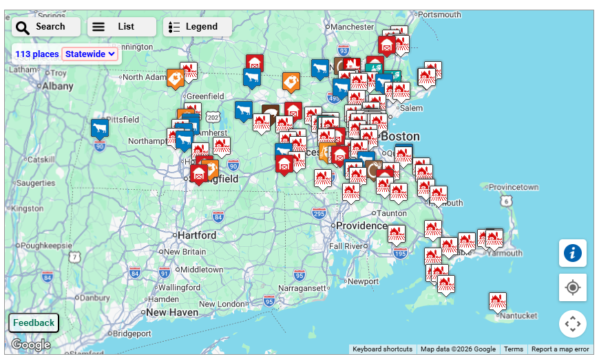 A map with pins of various locations along the Massachusetts Ice Cream trail.