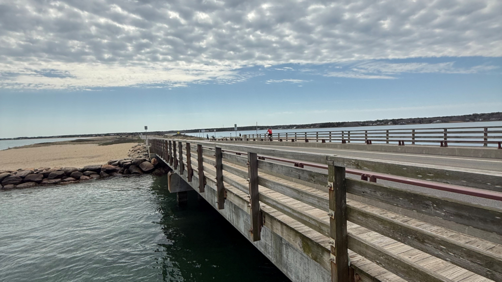 American Legion Memorial Bridge, a.k.a. JAWS Bridge, between Oak Bluffs and Edgartown, stretching across blue water