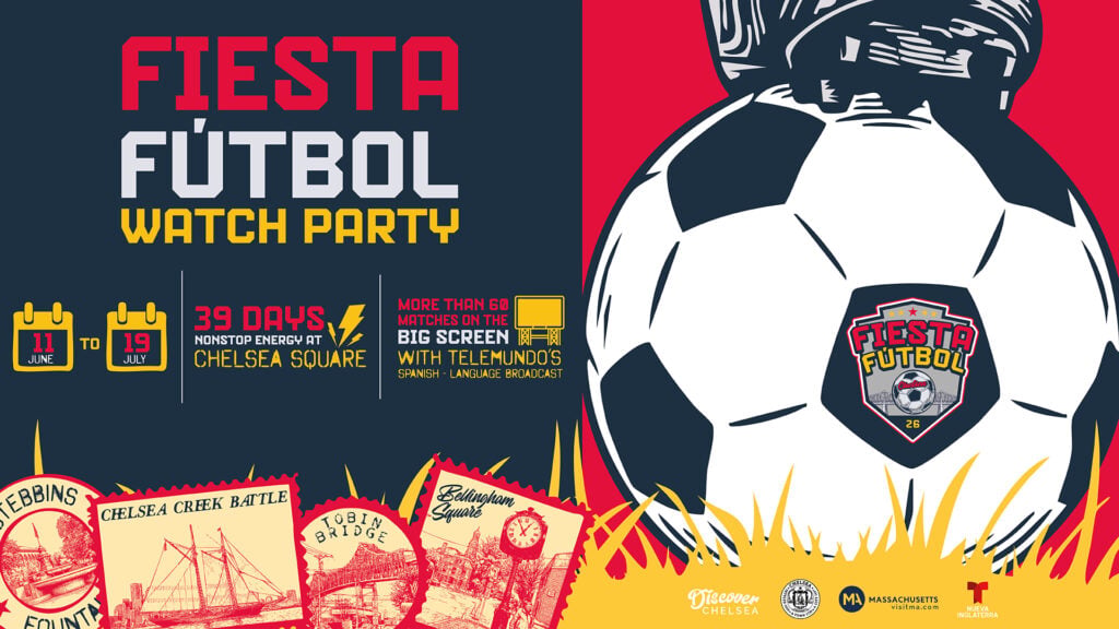 Bright promotional poster for a Fiesta Fútbol watch party, celebrating the Summer of Soccer! Features a large soccer ball, colorful text, event dates (June 11 to July 19), and live match screenings at Chelsea Square on a big screen in Spanish.