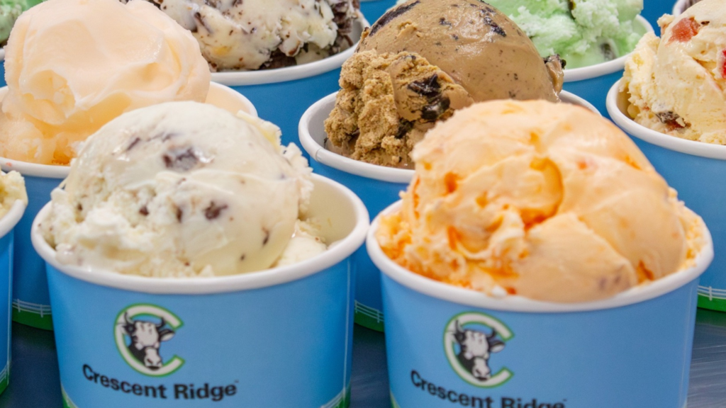 Multiple blue cups of colorful ice cream scoops, including orange, white with chocolate chunks, mint green, and brown, arranged closely together. The Crescent Ridge cups are a must-try treat when you explore Greater Boston on your next road trip.