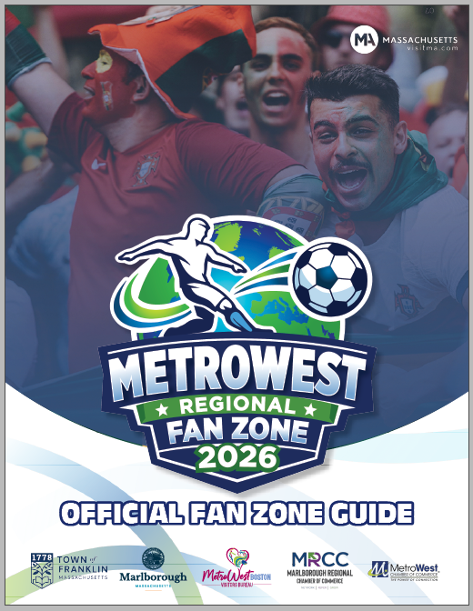 A colorful poster for the MetroWest Regional Fan Zone 2026 with excited soccer fans in the background and event sponsors’ logos at the bottom. Text reads “Official Fan Zone Guide.” Celebrate soccer at this unforgettable Summer of Soccer!.