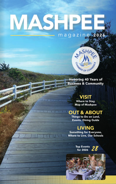 Cover of Mashpee Magazine 2026 featuring a wooden boardwalk leading to the beach under a blue sky, with magazine highlights and a small photo of people dining outdoors at the bottom, plus top Mashpee events for the year.