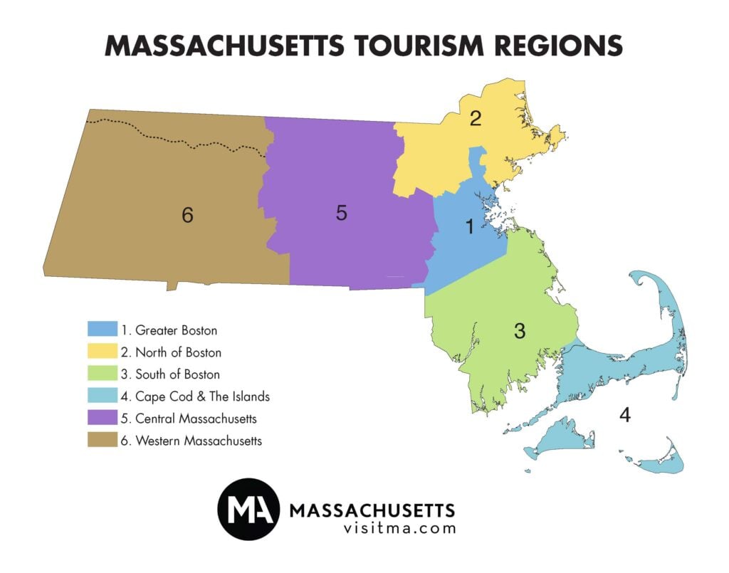 Map of Massachusetts divided into six color-coded tourism regions—perfect for planning Viewing Parties or Fan Fests across Greater Boston, North of Boston, South of Boston, Cape Cod & The Islands, Central Massachusetts, and Western Massachusetts.