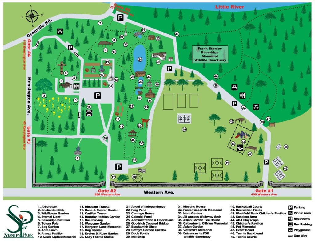 Map of Stanley Park featuring trails, gardens, athletic fields, playgrounds—because Summertime Means Playground Time—plus ponds, parking areas, and labeled attractions; legend lists 56 points of interest with Western Ave. at the southern edge.