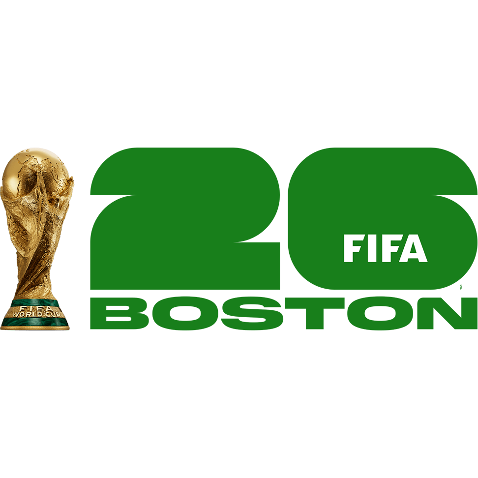 The FIFA World Cup trophy stands next to large green numbers 26 and the word FIFA inside the second digit. Below, BOSTON is written in bold green letters, highlighting Massachusetts as a proud host city for the World Cup.