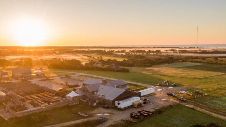 Aerial view of a rural farm at sunrise, with sunlight illuminating barns, houses, fields, and gardens. Vehicles and equipment line dirt roads as morning fog lingers—capturing the peaceful start to a Five-Star Weekend in the countryside.