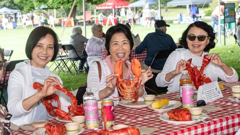 Three women smiling at an outdoor event, sitting at a picnic table with red-checkered cloth, each holding a lobster. Bottled drinks, corn, and other food are on the table. People and tents are visible in the background, capturing the festive spirit of Massachusetts homecoming celebrations.